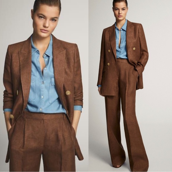 Massimo Dutti Jackets & Blazers - Massimo Dutti Womens Brown 100% Linen Suit Wide Leg Pant Made in Italy 6 NWT